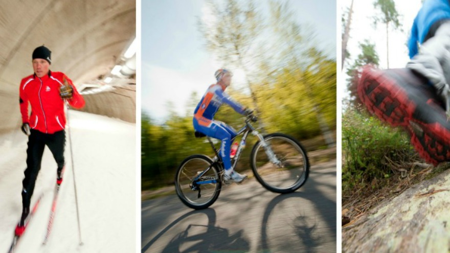 Bilden är ett kollage med tre olika bilder. Bilden till vänster visar en skidåkare med röd jacka inne i skidtunneln. Bilden i mitten visar en cyklist i blåa kläder. Bilden till höger visar ett par svart/röda skor som springer. 
