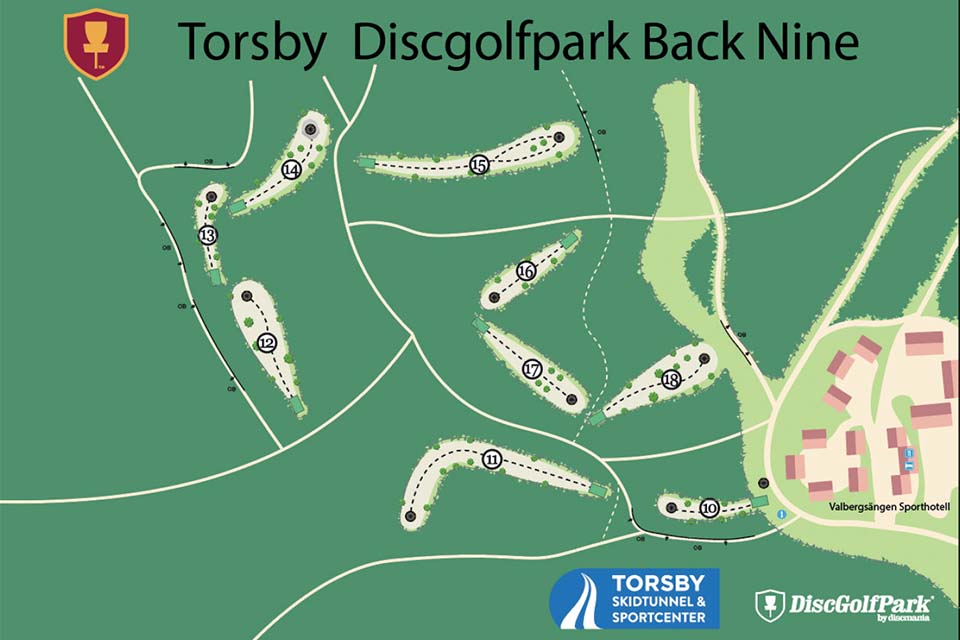 Bilden visar en karta över Torsby Frisbeegolfpark Back nine 
